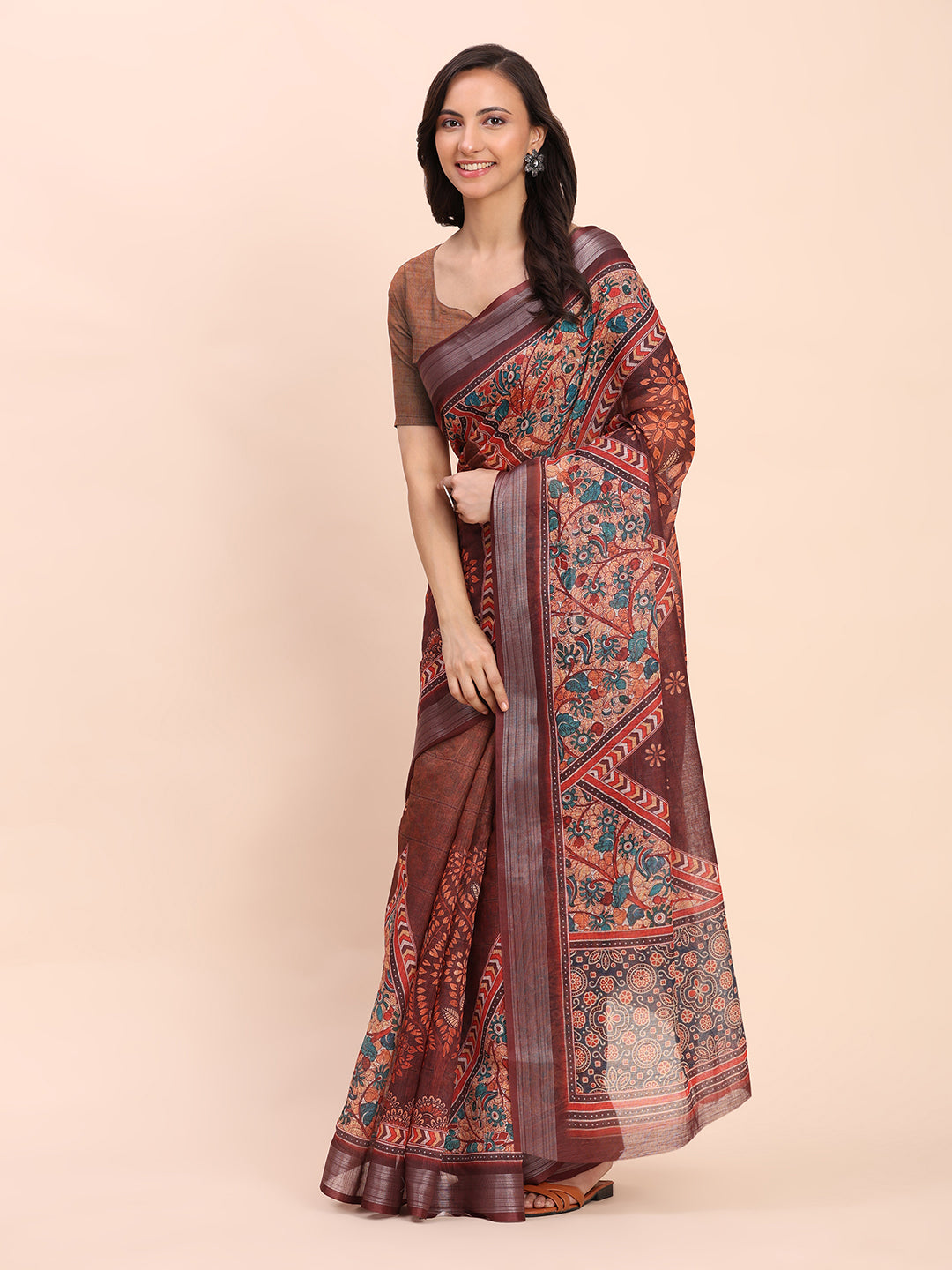 Printed Cotton Linen Saree with Ethnic Motif Design & Artistic Pallu-brown
