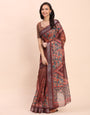 Printed Cotton Linen Saree with Ethnic Motif Design & Artistic Pallu-brown
