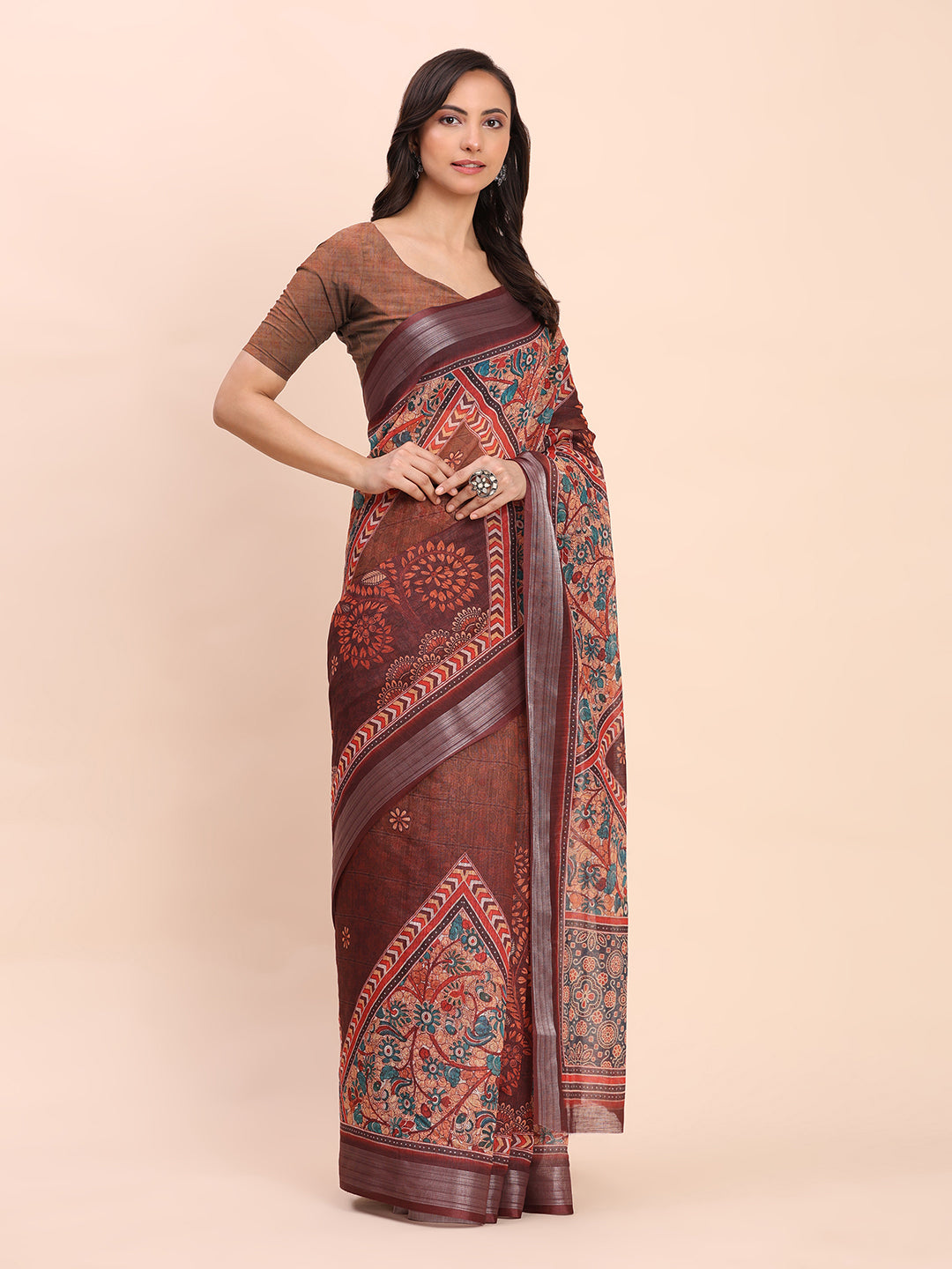 Printed Cotton Linen Saree with Ethnic Motif Design & Artistic Pallu-brown