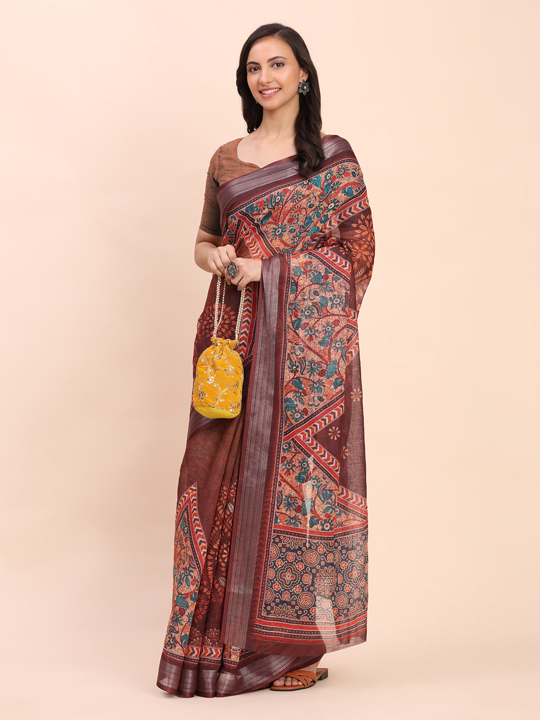 Printed Cotton Linen Saree with Ethnic Motif Design & Artistic Pallu-brown