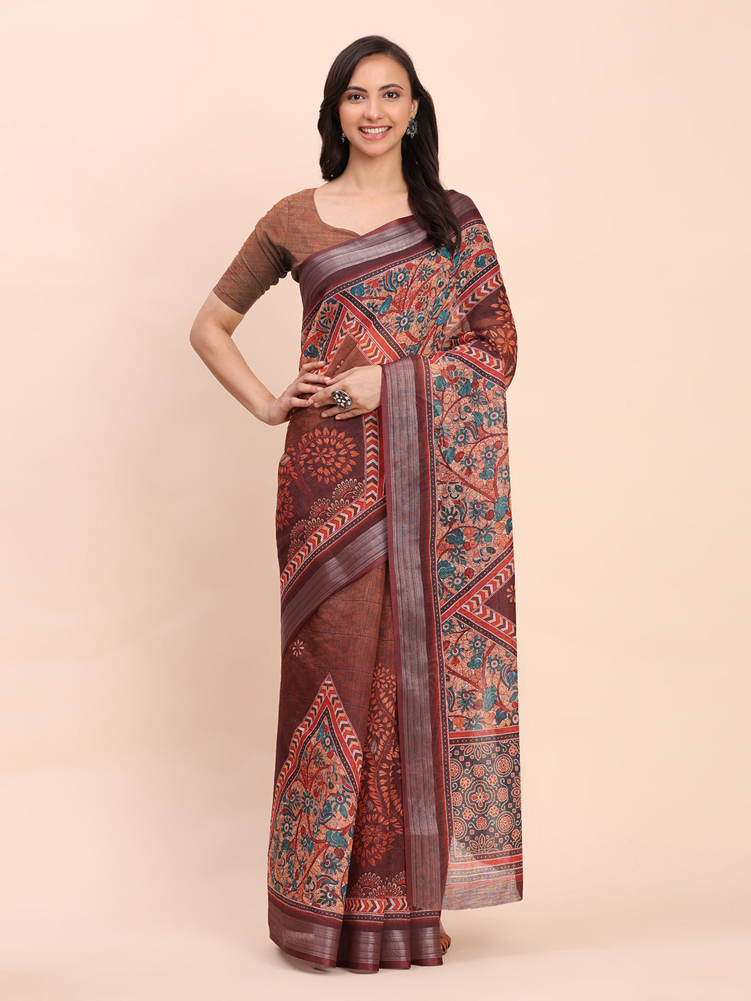 Printed Cotton Linen Saree with Ethnic Motif Design & Artistic Pallu-brown