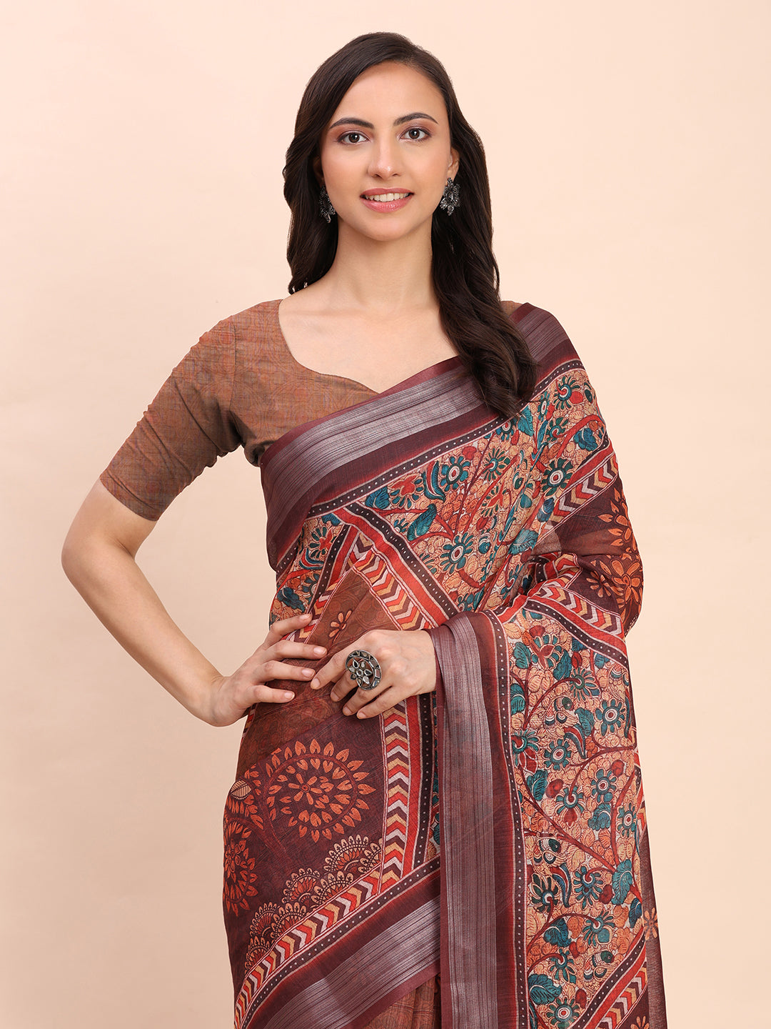 Printed Cotton Linen Saree with Ethnic Motif Design & Artistic Pallu-brown