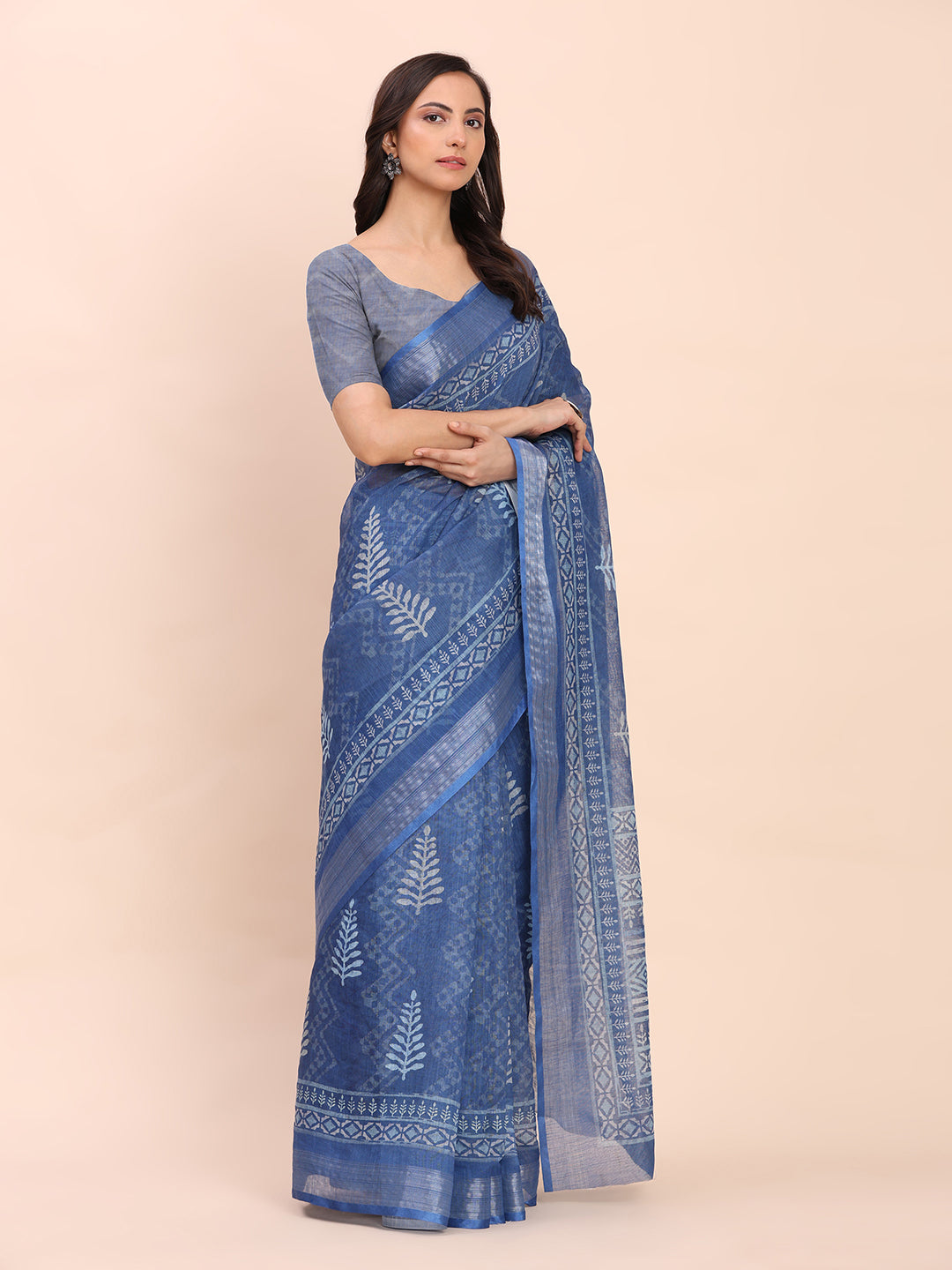 Printed Cotton Linen Saree with Ethnic Motif Design & Artistic Pallu-indigo blue