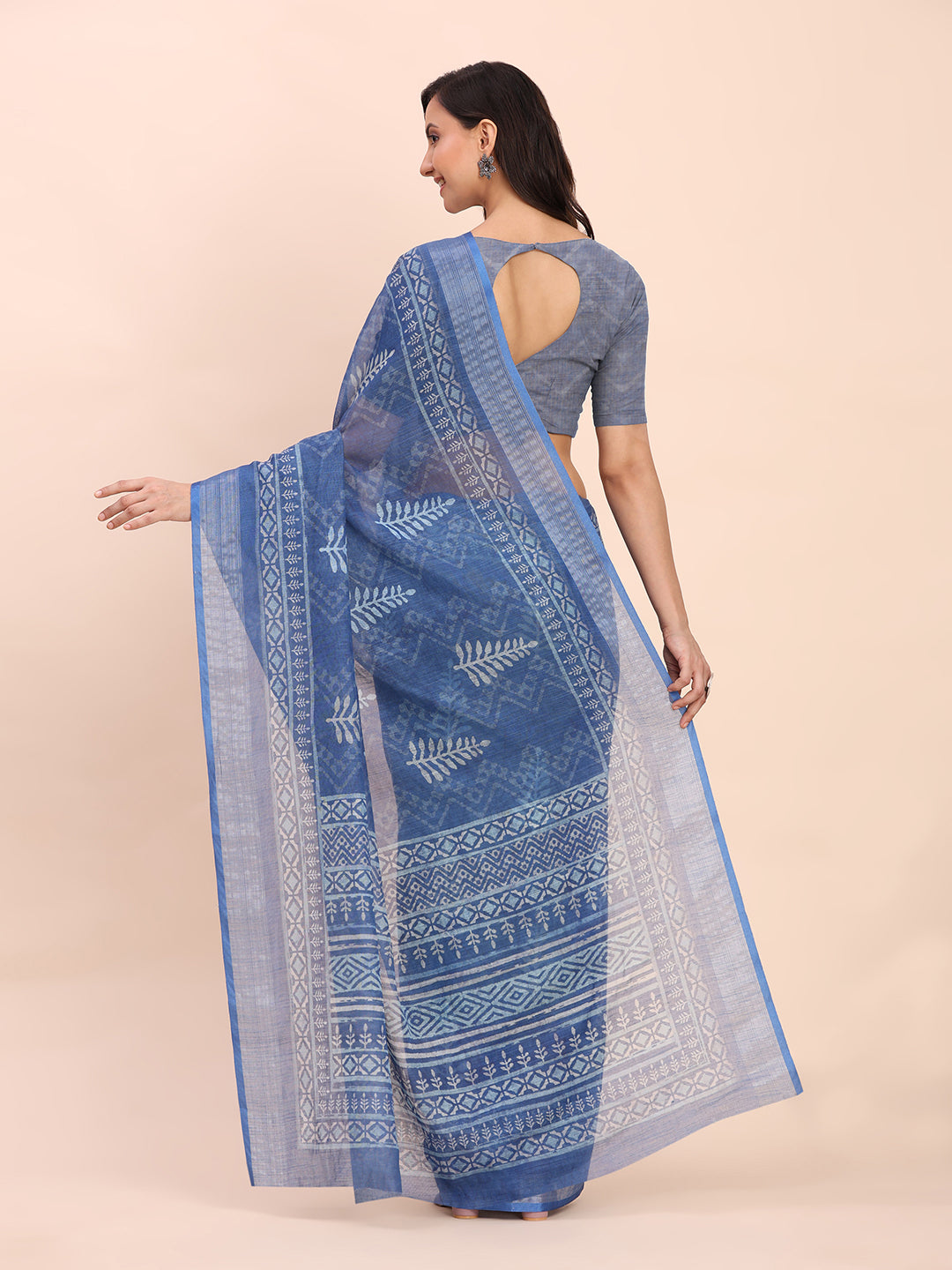 Printed Cotton Linen Saree with Ethnic Motif Design & Artistic Pallu-indigo blue