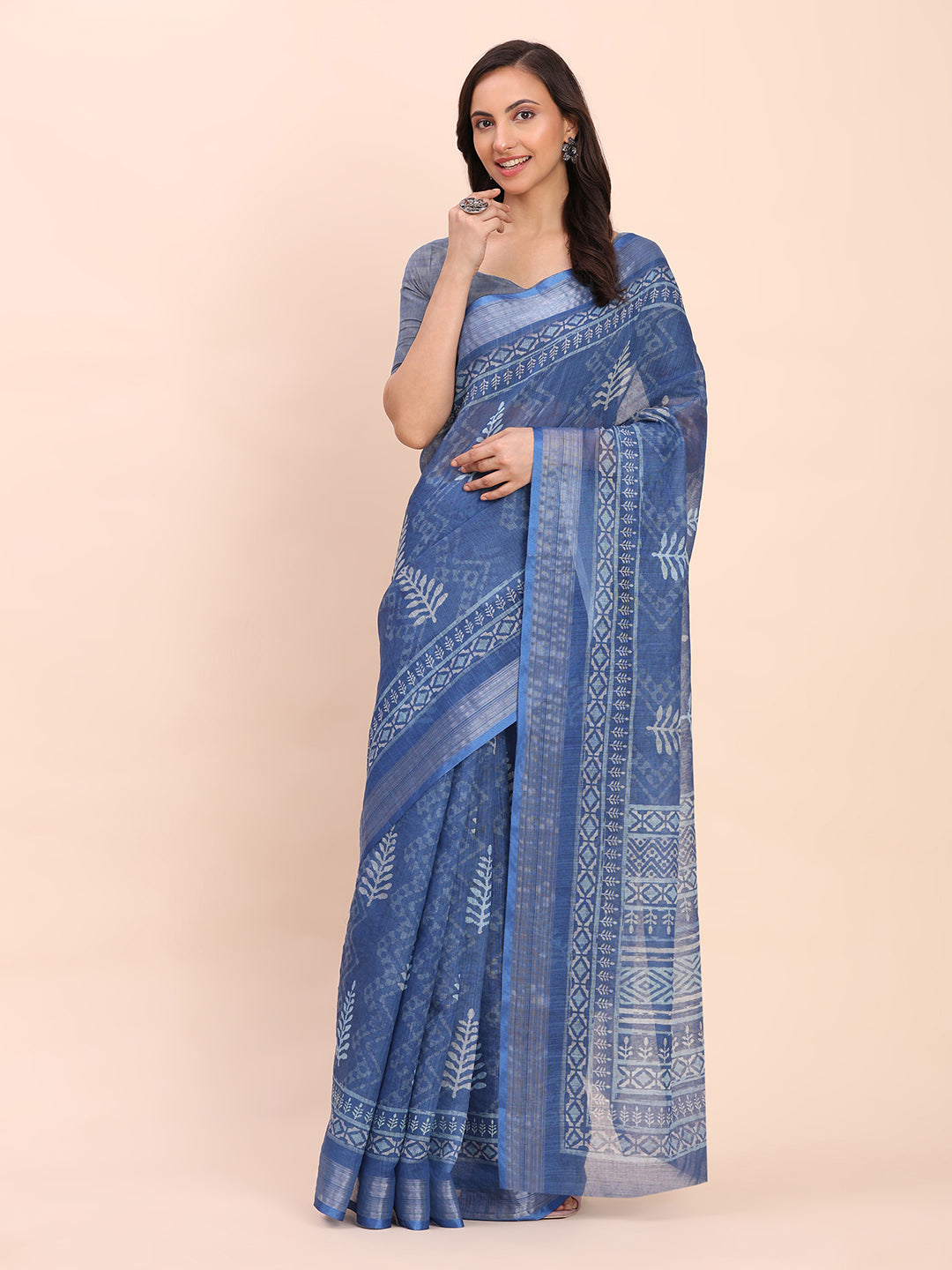 Printed Cotton Linen Saree with Ethnic Motif Design & Artistic Pallu-indigo blue