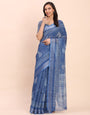 Printed Cotton Linen Saree with Ethnic Motif Design & Artistic Pallu-indigo blue