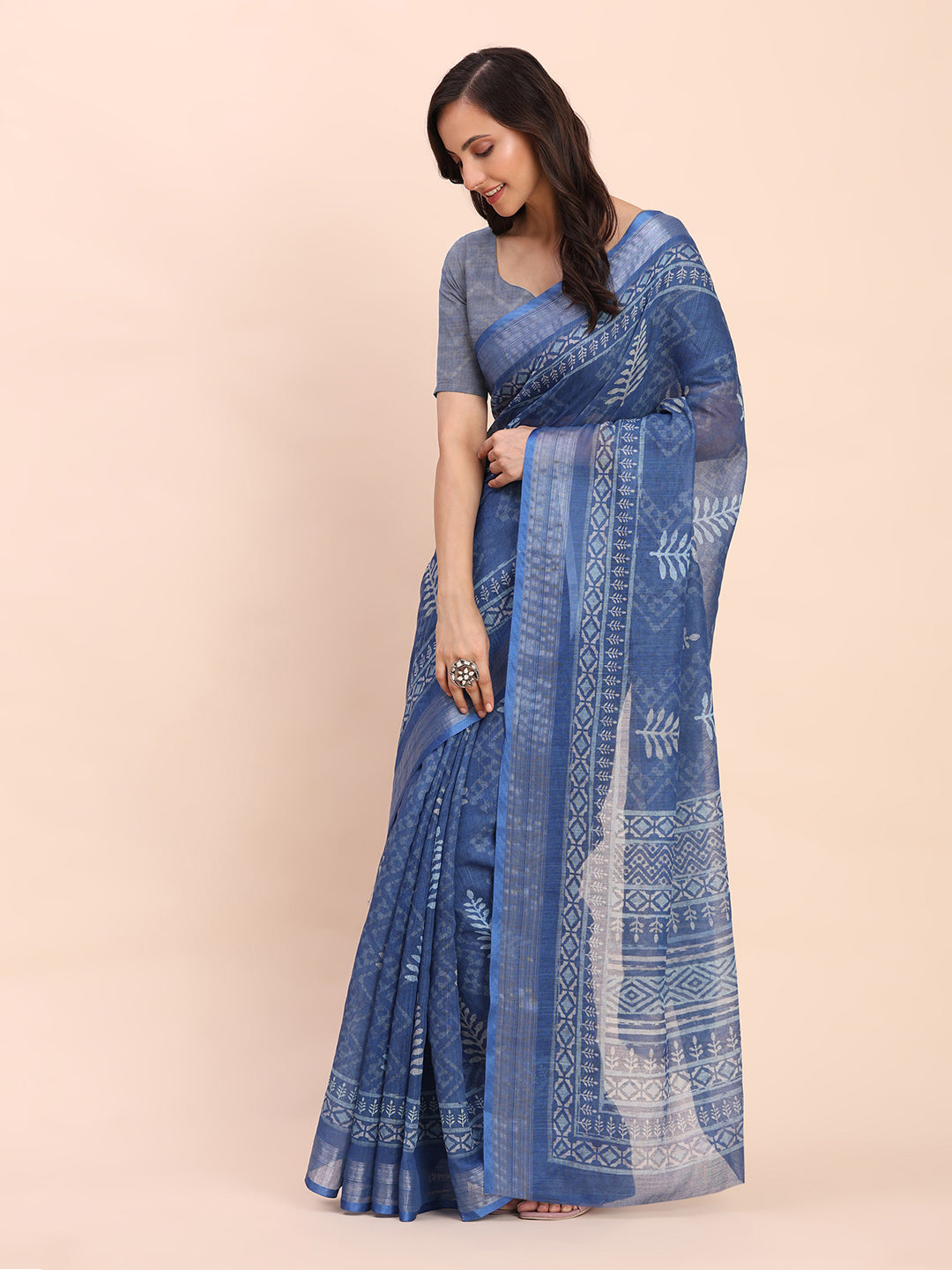 Printed Cotton Linen Saree with Ethnic Motif Design & Artistic Pallu-indigo blue