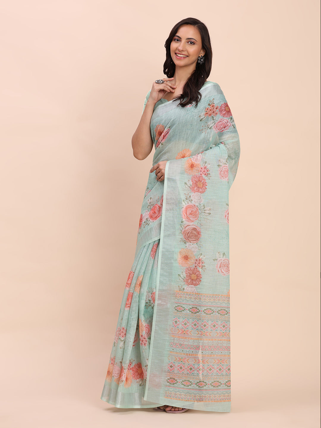 Printed Cotton Linen Saree with Ethnic Motif Design & Artistic Pallu-seagreen