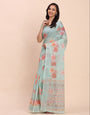 Printed Cotton Linen Saree with Ethnic Motif Design & Artistic Pallu-seagreen