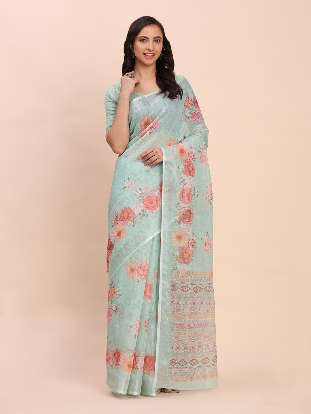 Printed Cotton Linen Saree with Ethnic Motif Design & Artistic Pallu-seagreen