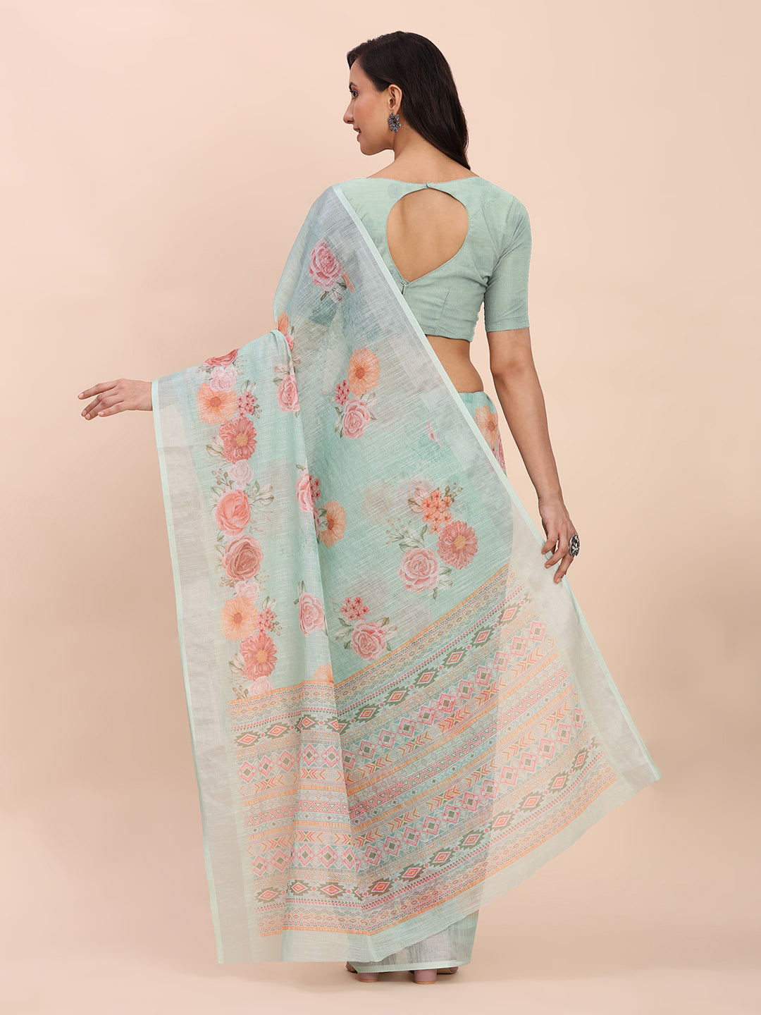 Printed Cotton Linen Saree with Ethnic Motif Design & Artistic Pallu-seagreen