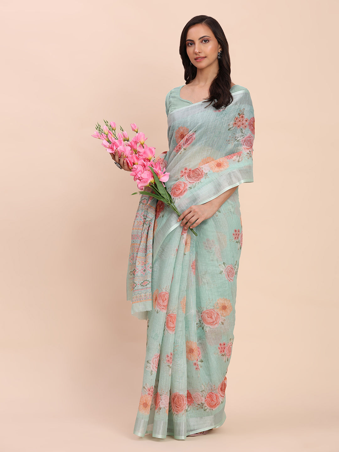 Printed Cotton Linen Saree with Ethnic Motif Design & Artistic Pallu-seagreen
