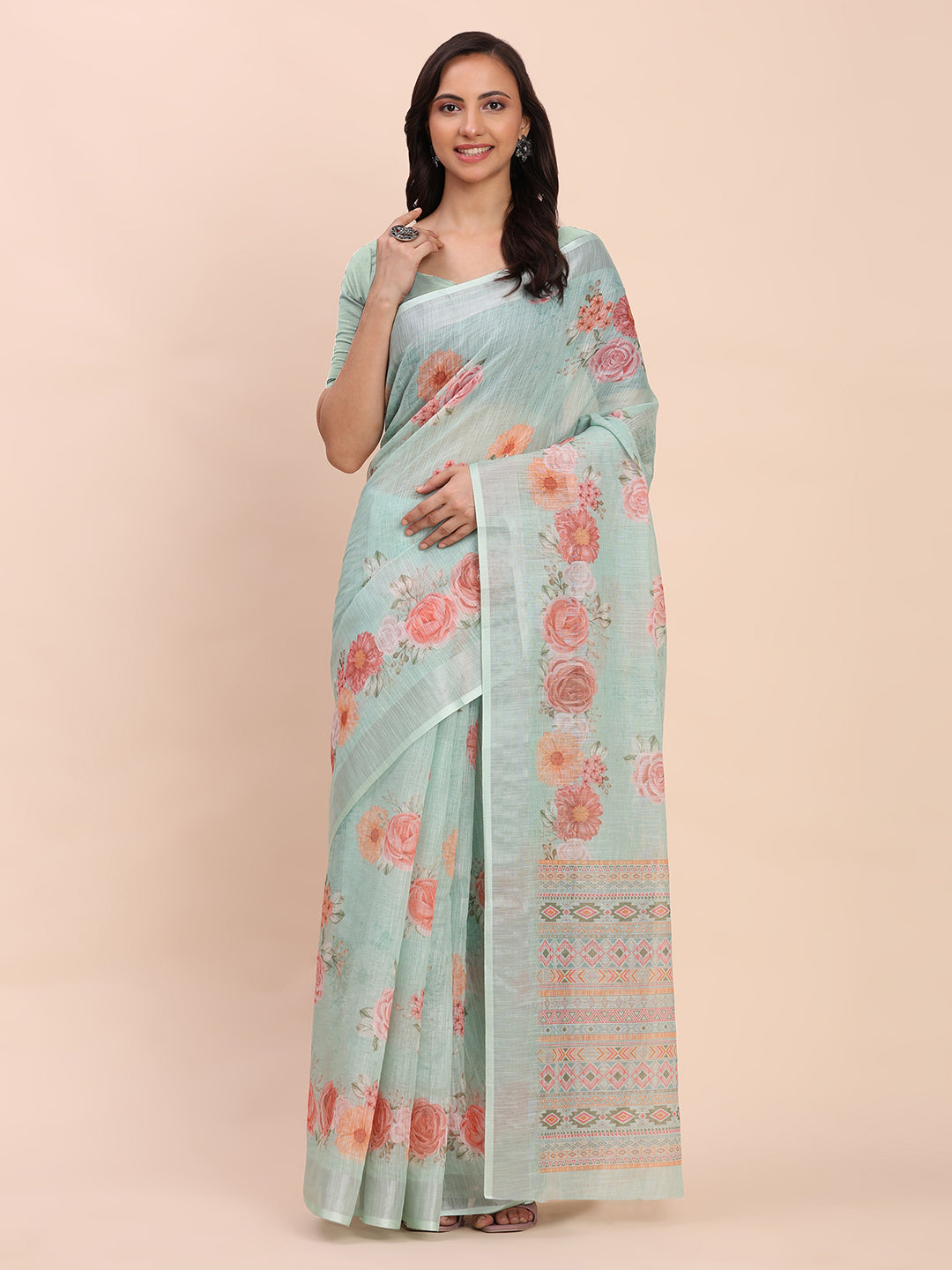 Printed Cotton Linen Saree with Ethnic Motif Design & Artistic Pallu-seagreen