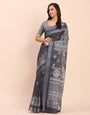 Printed Cotton Linen Saree with Ethnic Motif Design & Artistic Pallu-black2
