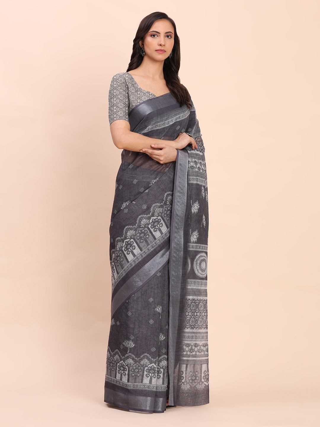 Printed Cotton Linen Saree with Ethnic Motif Design & Artistic Pallu-black2