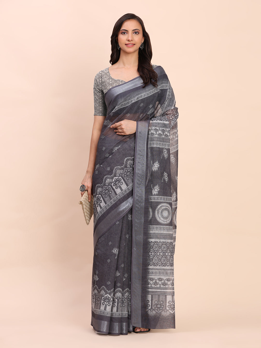 Printed Cotton Linen Saree with Ethnic Motif Design & Artistic Pallu-black2