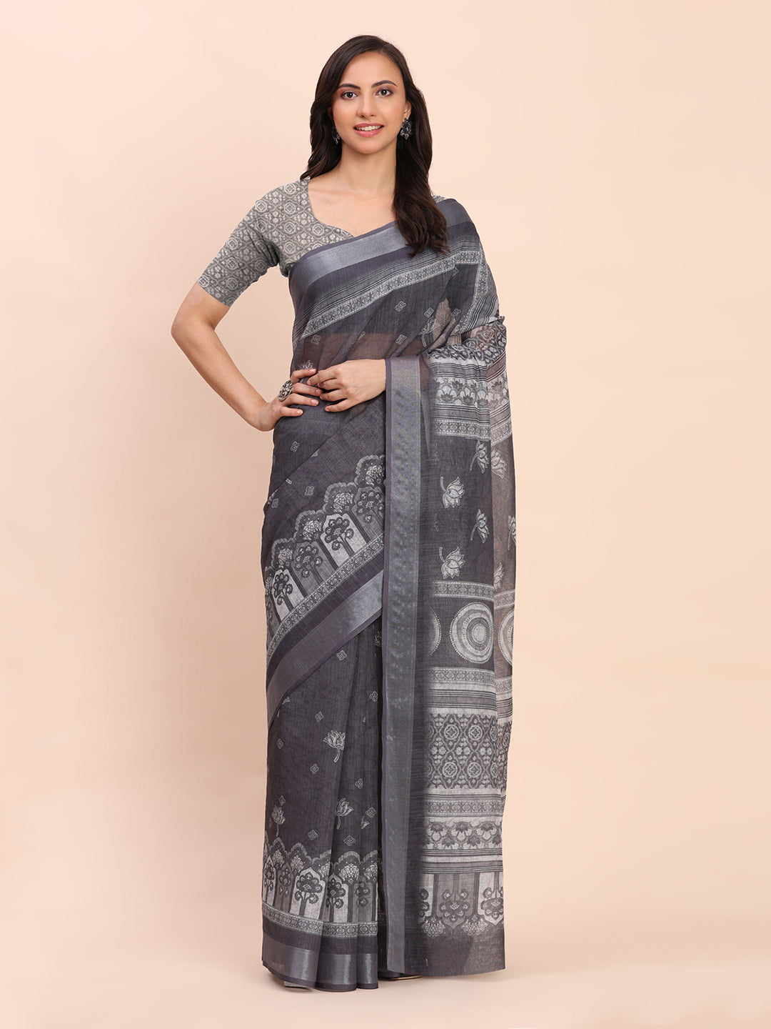 Printed Cotton Linen Saree with Ethnic Motif Design & Artistic Pallu-black2