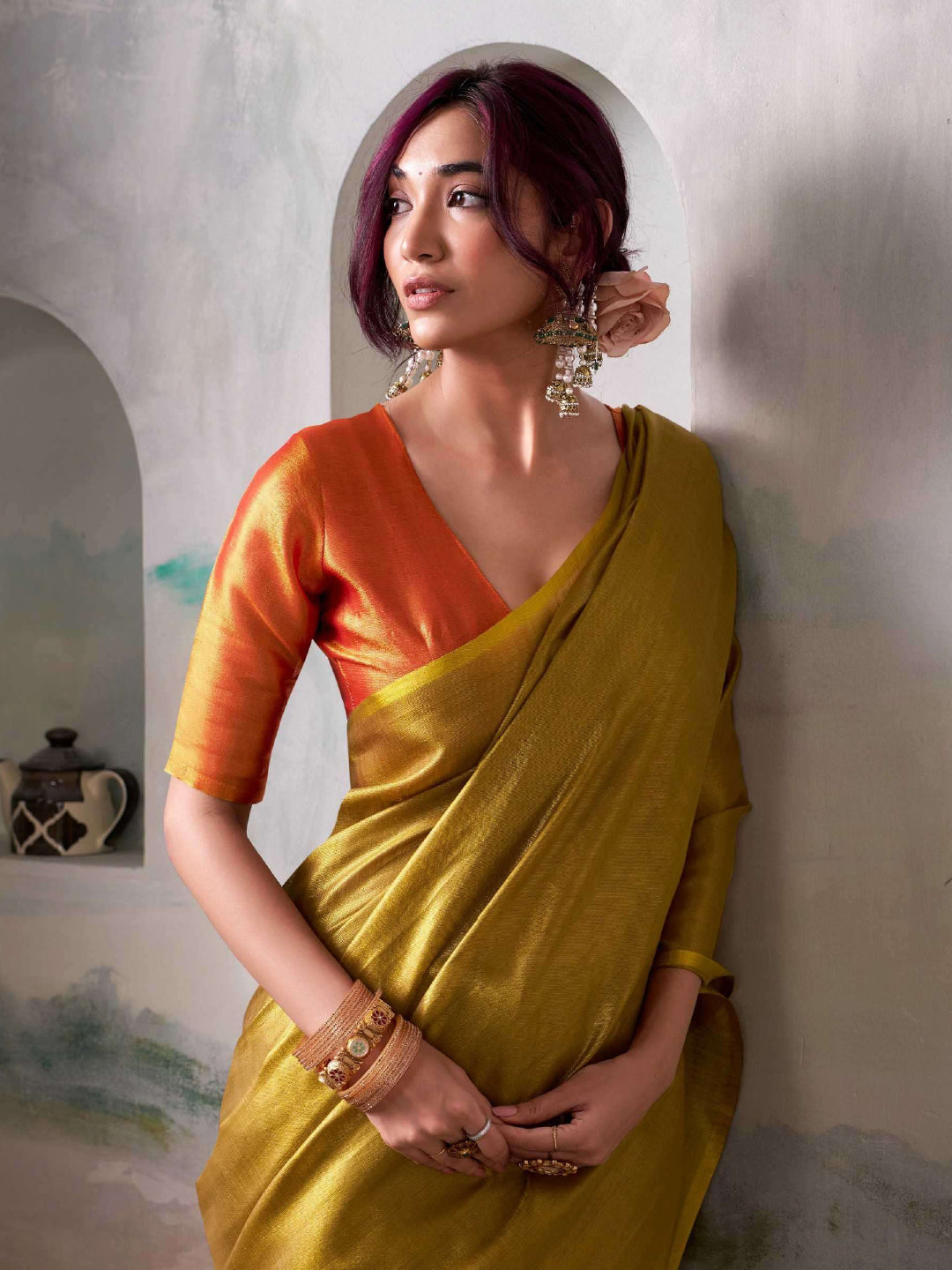 Mustard Green Tissue Silk Saree with Golden Pallu