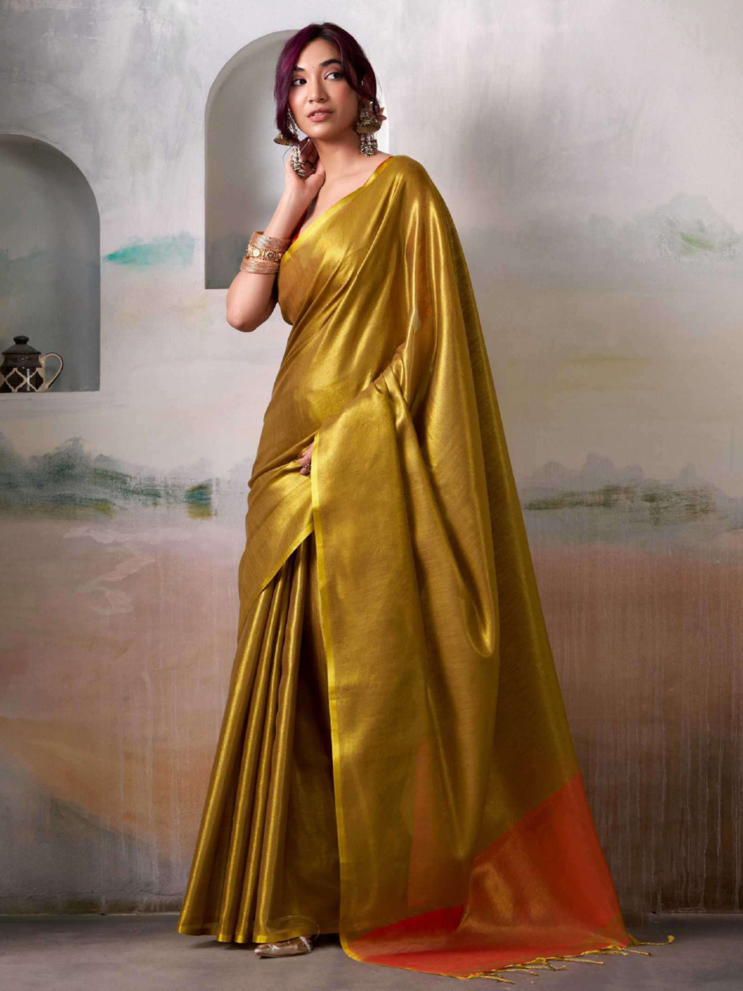 Mustard Green Tissue Silk Saree with Golden Pallu