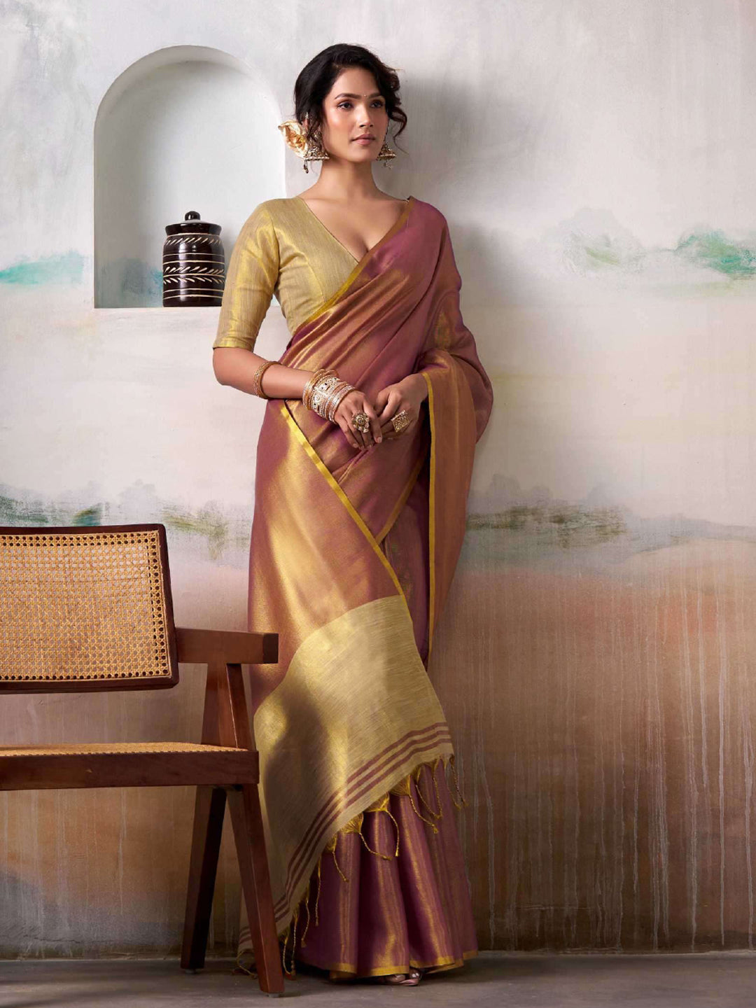 Purple Tissue Silk Saree with Golden Pallu