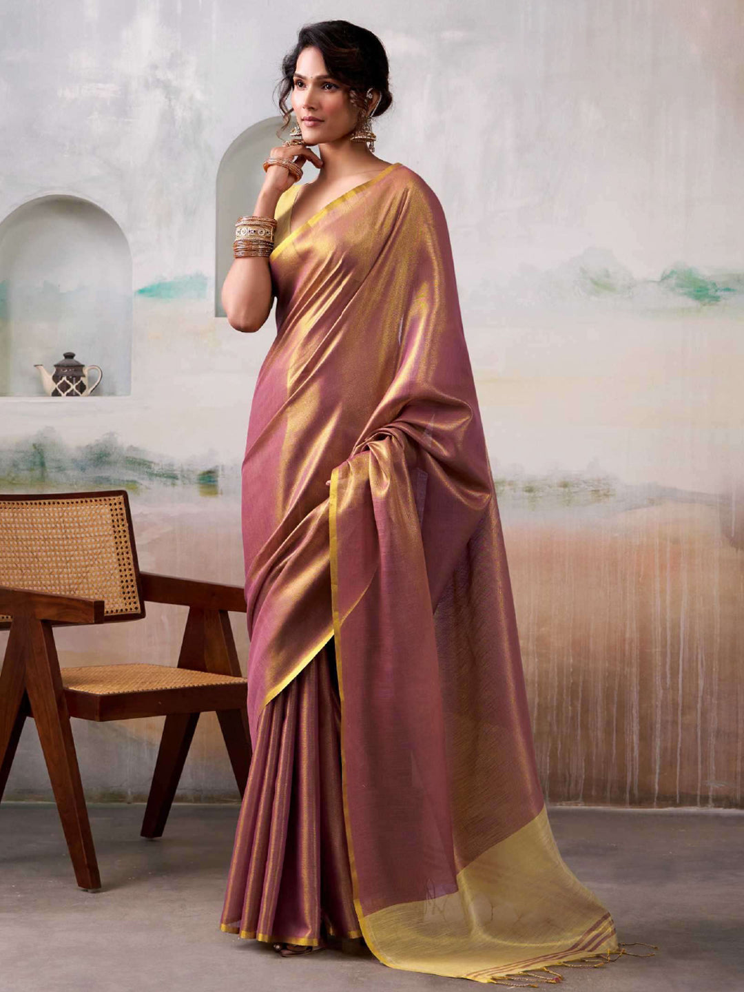 Purple Tissue Silk Saree with Golden Pallu