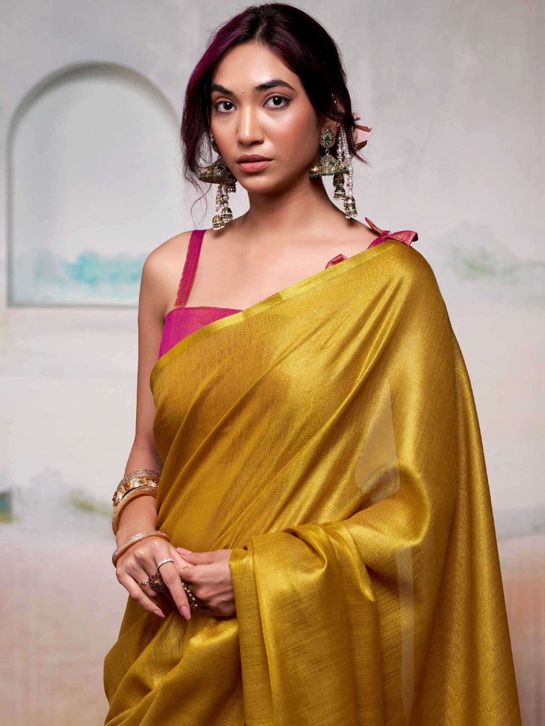 Yellow Tissue Silk Saree with Golden Pallu