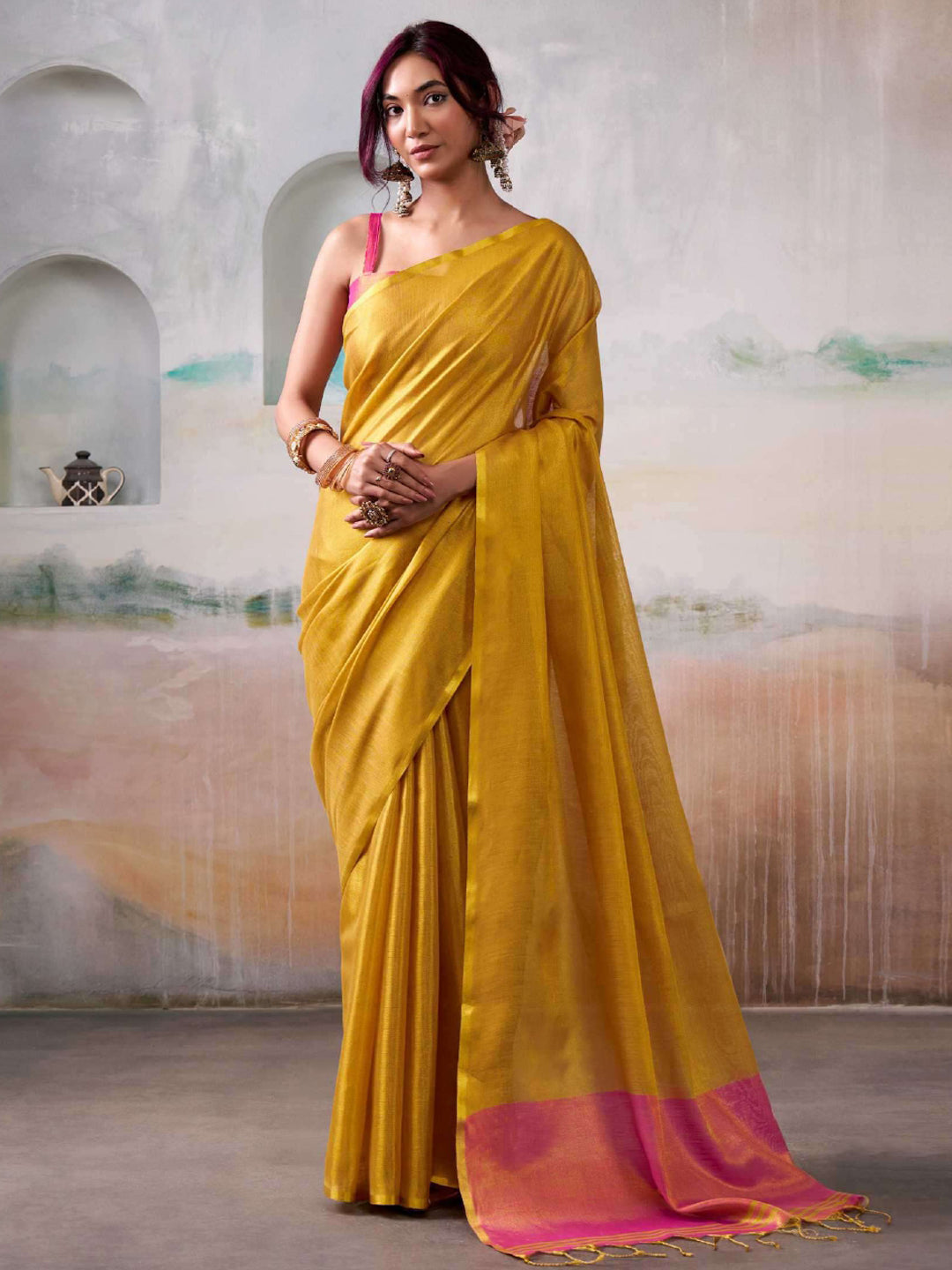 Yellow Tissue Silk Saree with Golden Pallu