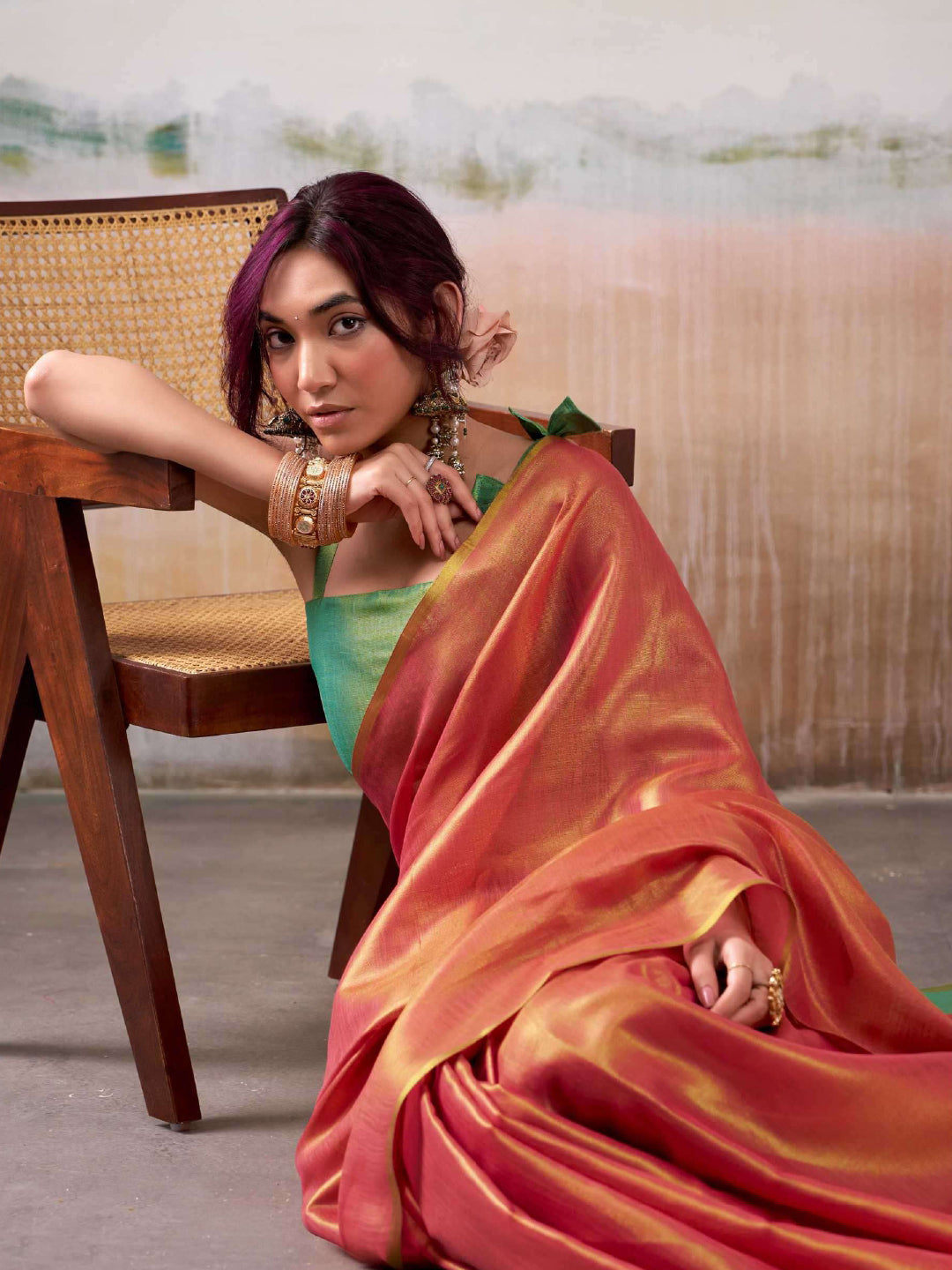 Peach Tissue Silk Saree with Golden Pallu