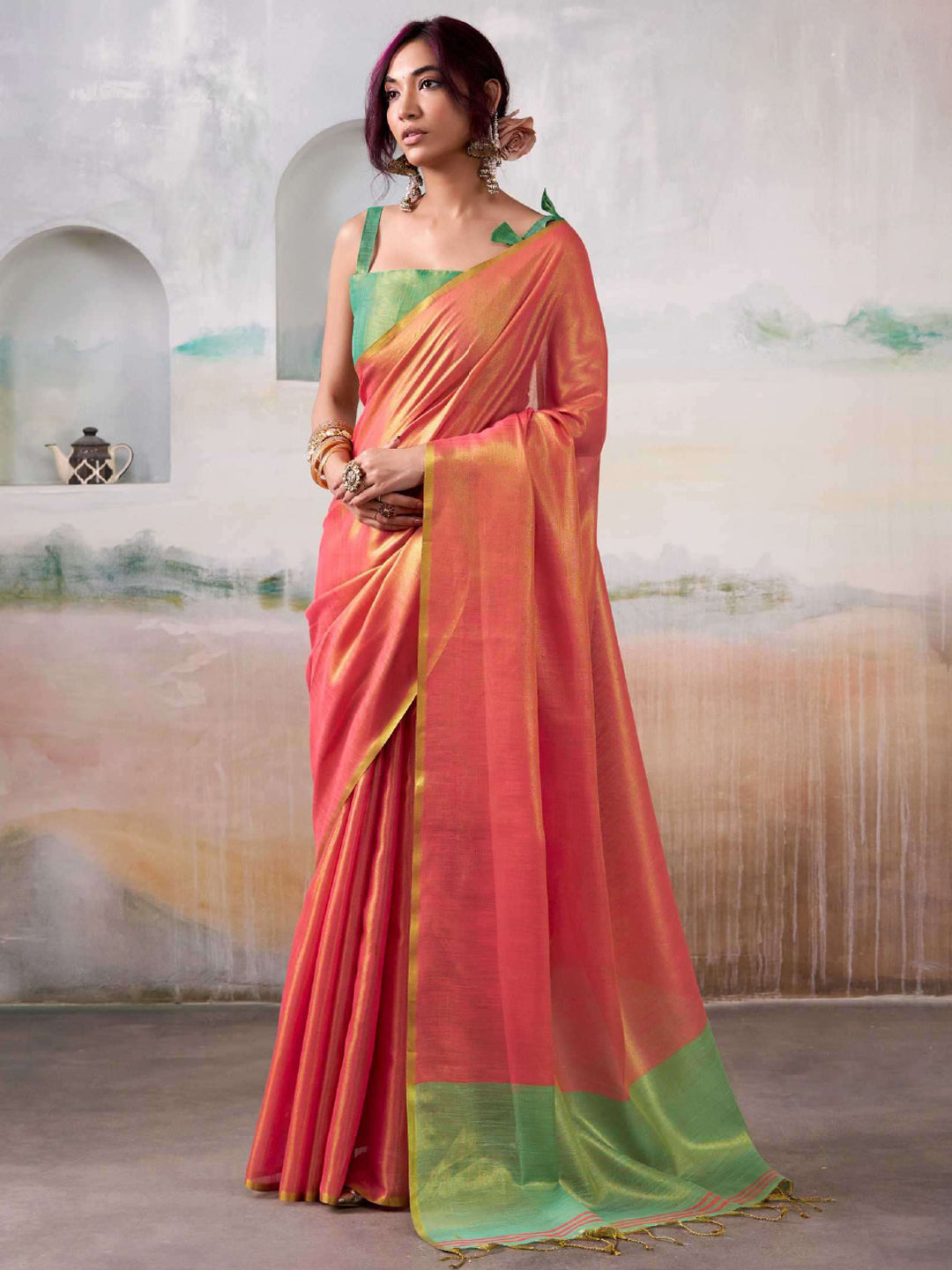 Peach Tissue Silk Saree with Golden Pallu